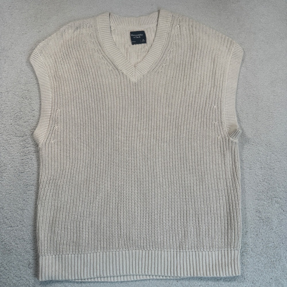 Abercrombie & Fitch Sweater Vest Womens M Beige Oversized Shaker Knit V-Neck